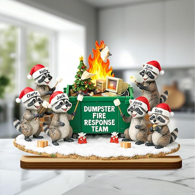 Funny Raccoon Dumpster Fire Response Team Wooden Plaque 2025, Personalized Flaming Dumpster Sign, Custom Name Group Plaque, Matching Holiday Decor for Coworkers