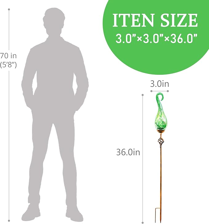 Garden Solar Lights Outdoor, Decorative LED Pearlized Glass Spiral Garden Stake with Finial, Hand Blown Glass and Metal Outdoor Decoration, 3 x 36 Inch (Green)