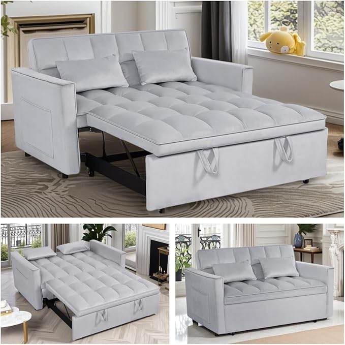 3 in1 Sofa Bed, Pull-Out Sleeper Sofa Bed with 3-Level Adjustable Backrest, Velvet Fabric Convertible Love Seat Sleepers Beds for Living Room & Bedroom & Apartment, Gray
