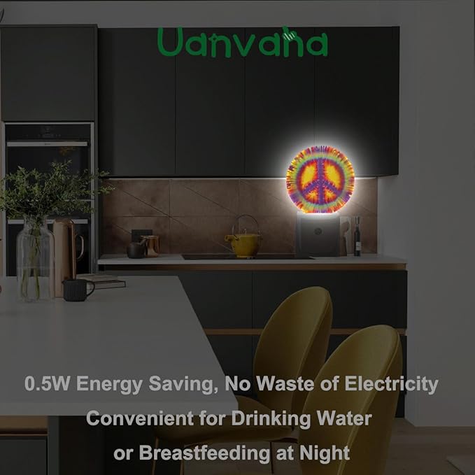 Peace Sign Tie Dye Night Lights Plug into Wall Yellow Colorful Circle Plug-in Nightlight Auto on/Off Dim Light Sleep Friendly for Home Decor & Holiday Gifts for Family Friends