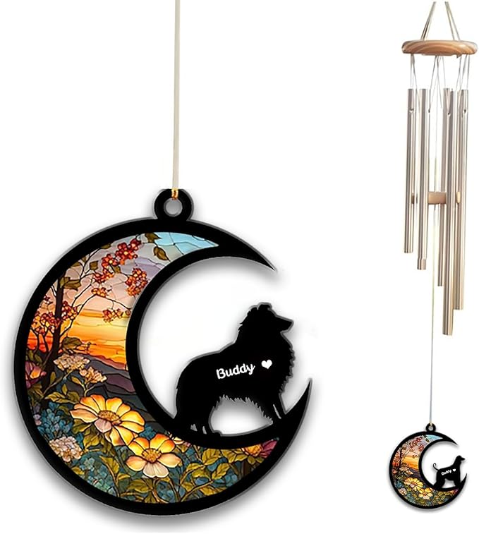 Shetland Sheepdog-Sheltie Sun Catcher Wind Chime, Custom Sunflower Suncatcher Dog Memorial Wind Chime, Dog Loss Gift, Dog Sympathy Gift, Pet Loss Suncatcher, Outdoor Garden Decor