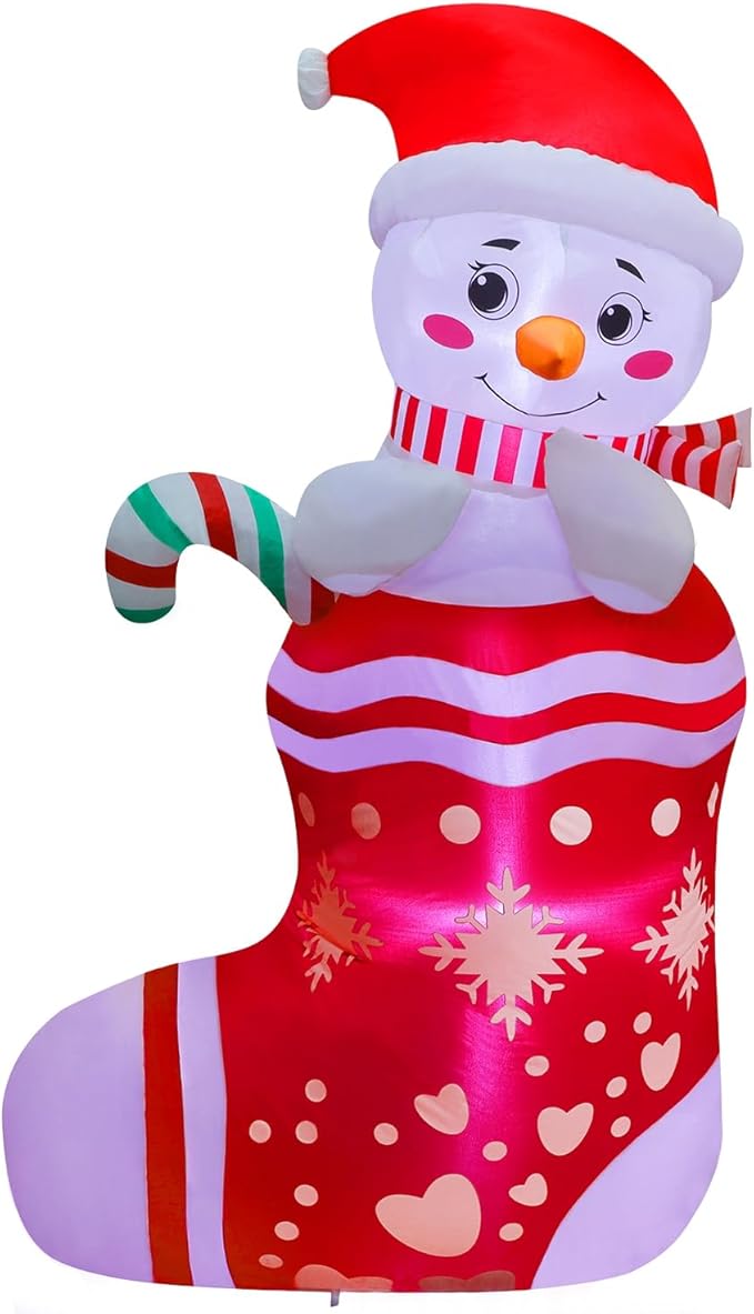 Juegoal Christmas Inflatables Outdoor Decorations, 5FT Inflatable Snowman in Xmas Stocking, Lighted Blow Up Snowman Standing on Christmas Socks with Built in Lights for Holiday Lawn Yard Garden Decor