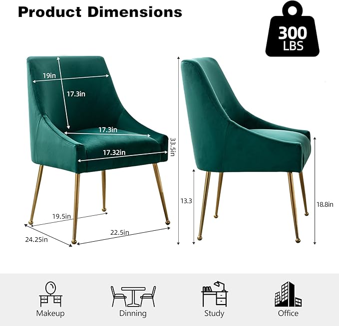 Velvet Dining Chairs, Furniture Collection Modern Contemporary Upholstered with Polished Gold Metal Legs, Set of 4(Green)