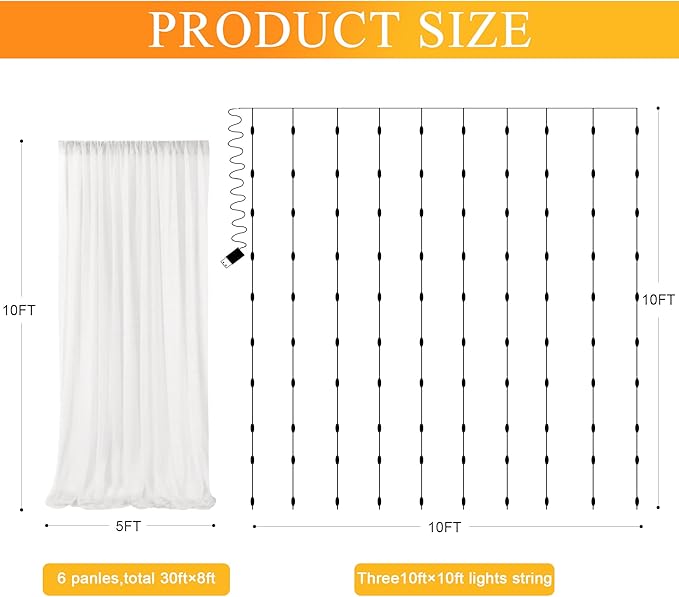 Fomcet Tulle Backdrop Curtains Ivory 30FT X 10FT Tulle Curtain with Lights String Sheer Backdrop Curtains for Parties Wedding Baby Shower Photo Shoot Decorations (6 Panels 5x10FT)
