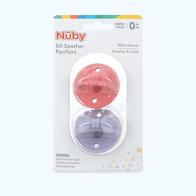 Nuby 3-D Sili Soother Pacifiers with Soft Handle and Two Safety Air Holes, 2 Pack, 0+ Months, Purple Bow and Pink Flowers