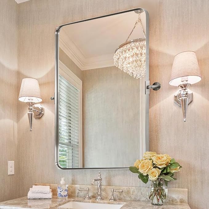 MOON MIRROR 22" x 30" Brushed Nickel Metal Framed Pivot Rectangle Bathroom Mirror, Silver Tilting Rounded Rectangular Vanity Mirror for Wall Hangs Vertical Only