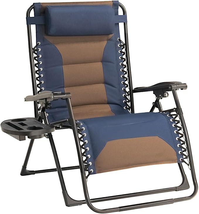 Zero Gravity Chair Oversized Padded Recliner with Adjustable Headrest & Cup Holder - 600D Oxford Folding Lounge Chair for Outdoor Camping, Patio, Poolside (Brown & Blue)
