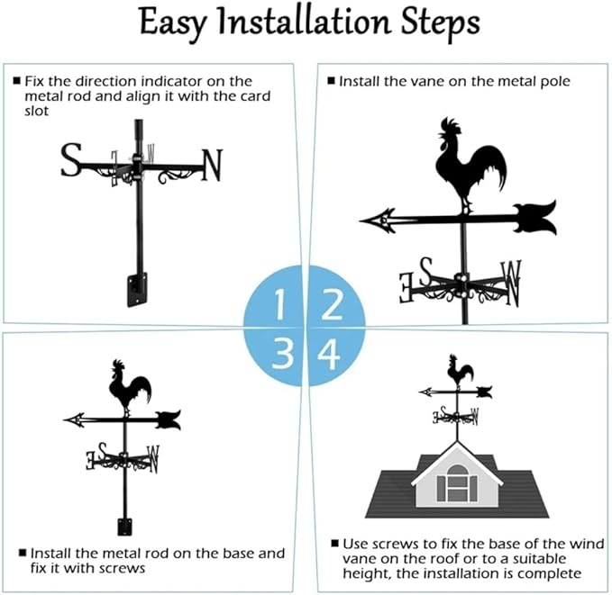 Rooster Weathervane Silhouette Art Black Metal Cock Wind Vanes Indicator Kit Outdoor Bracket for Garden Roof Yard Building (C)