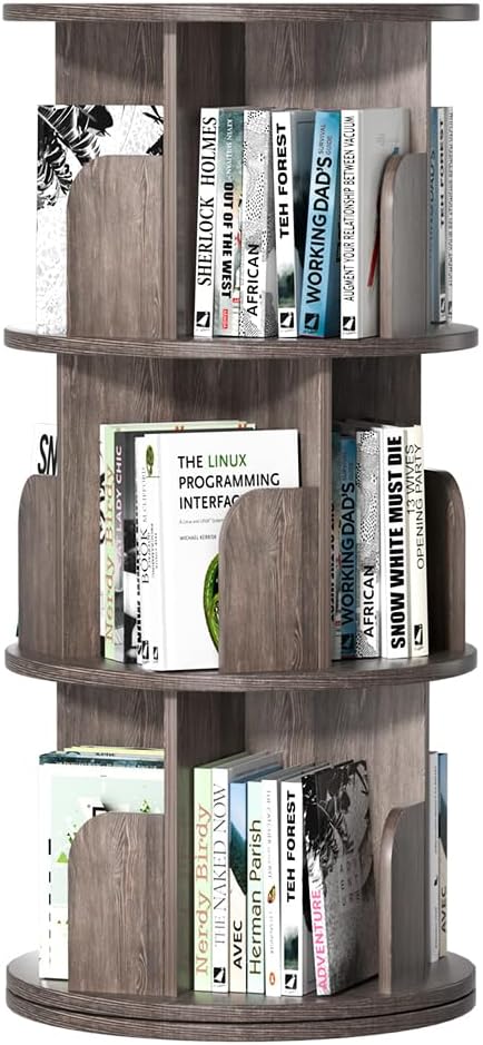 Nidouillet Rotating Bookshelf, Revolving Bookcase 360 Display Round Bookshelf Narrow Swivel Corner Book Shelf Standing Bookcase for Adult Bedroom, Living Room (Oak Grey, 3 Tier)