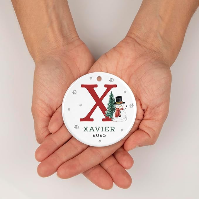 Andaz Press Personalized Ornament, Custom Name, Initial X Monogram Snowman 2.8" Ceramic Porcelain 2025 Christmas Ornament Keepsake for Kids, Boys, Girls, Includes Gold Ribbon & Gift Box, 1-Pack