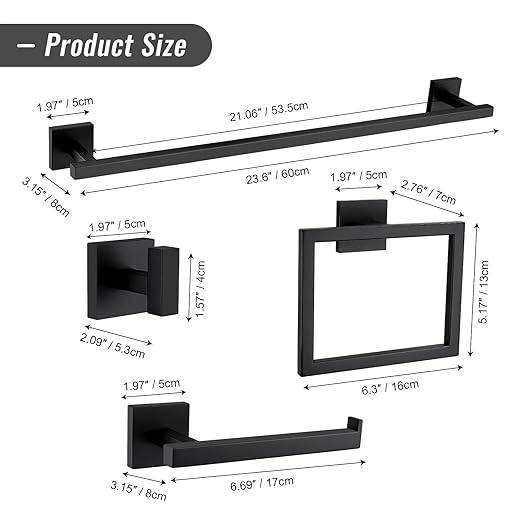 YACVCL Matte Black Towel Bar Set 10-Piece Bathroom Hardware Accessories Set,Black Bathroom Towel Holder Set 23.6 Inch Towel Bar Stainless Steel Wall Mounted Towel Rack Set