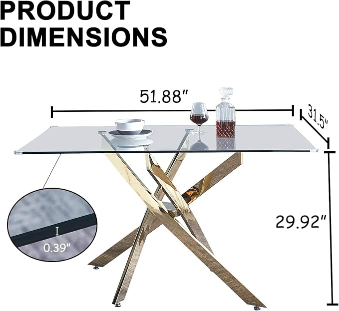 51" Glass Dining Table for 4, Contemporary Rectangular Dining Room Table with Tempered Glass Top & Golden Finish Stainless Steel Legs, Modern Kitchen Table for Home Office