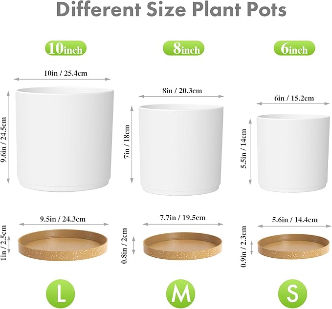 10/8/6 inch Deep Plant Pots, 3 Pack Cylindrical Large Flower Pots for Outdoor Indoor Plants, Tall Plastic Planters with Drainage Holes and Saucers for Garden House Plants, White with Brown