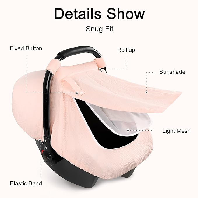 Hooyax Muslin Car Seat Cover Baby - Breathable and Privacy Car Seat Canopy with 3 Modes - Easy Install & Gift Box Packaging, Universal Fit for Infant Car Seats, Pink