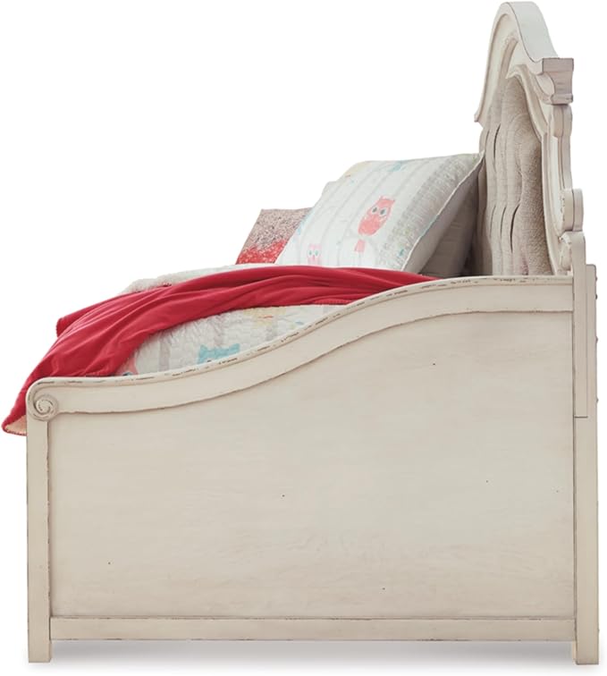 Signature Design by Ashley Realyn Traditional Upholstered Tufted Twin Platform Daybed with 1 Large Drawer, Foundation or Box Spring Not Needed, White & Beige