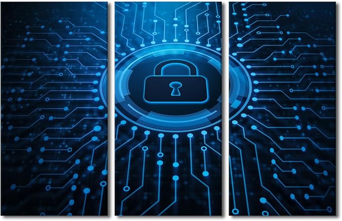 Lock Canvas Prints Wall Art AI Intelligence Picture Security Lock Symbol Paintings Canvas Print 3 Pieces Framed Wall Art Giclee Artwork Stretched Ready to Hang Posters, 60" Wx40 H