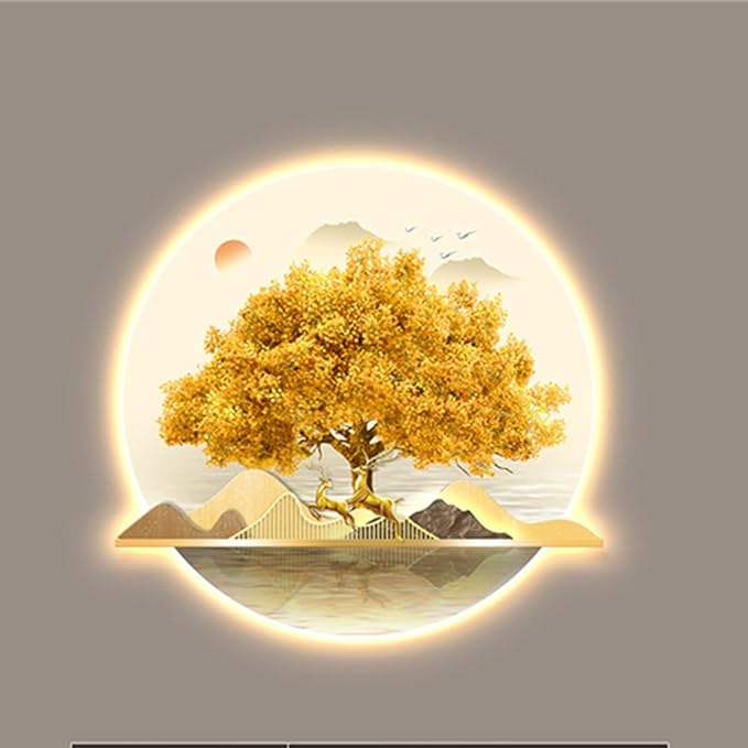 Bubinblau D,50 * 60cm, Mountain Tree Wall Art with Led Light, Zen Wall Art Decor, Luminous Wall Sculptures Painting, for Study Room, Dining Room, Living Room, Tea Room