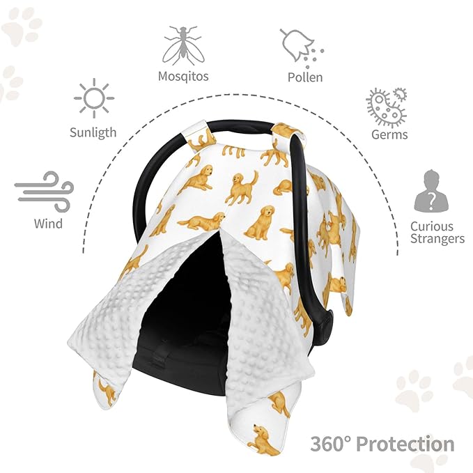 Golden Retriever Carseat Covers Baby, Winter Carseat Cover for Baby, Minky Baby Car Seat Cover for Boy & Girl, Peekaboo Opening Car Seat Canopy for Newborn, Multi Use Mom Nursing Cover