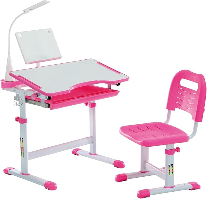 Diroan Kids Functional Desk and Chair Set, Ergonomic Height Adjustable Children School Study Desk with Tilt Desktop, Book Stand, LED Light, Metal Hook and Storage Drawer for Boys Girls(Pink)