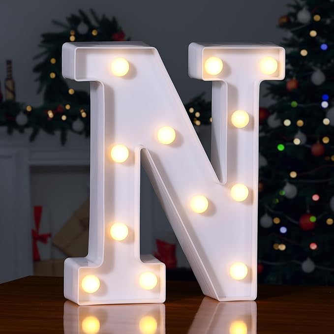 Foaky LED Letter Lights Sign Marquee Light Up Letters Sign for Night Light Wedding/Birthday Party Battery Powered Christmas Lamp Home Bar Decoration(N)