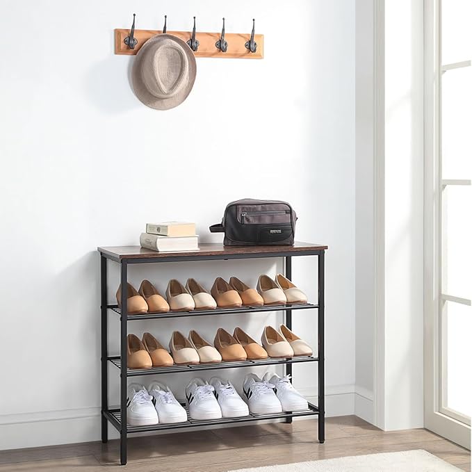 4-Tier Shoe Rack Organizer, Metal Mesh Shoe Storage Shelf, for Entryway, Hallway, Closet, Dorm Room, Industrial, Rustic Brown