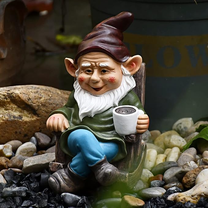 OwMell Gnome Statue for Garden, Drinking Gnome Figurine Ornament for Outdoor Patio Yard Lawn Decor 7" - Coffee
