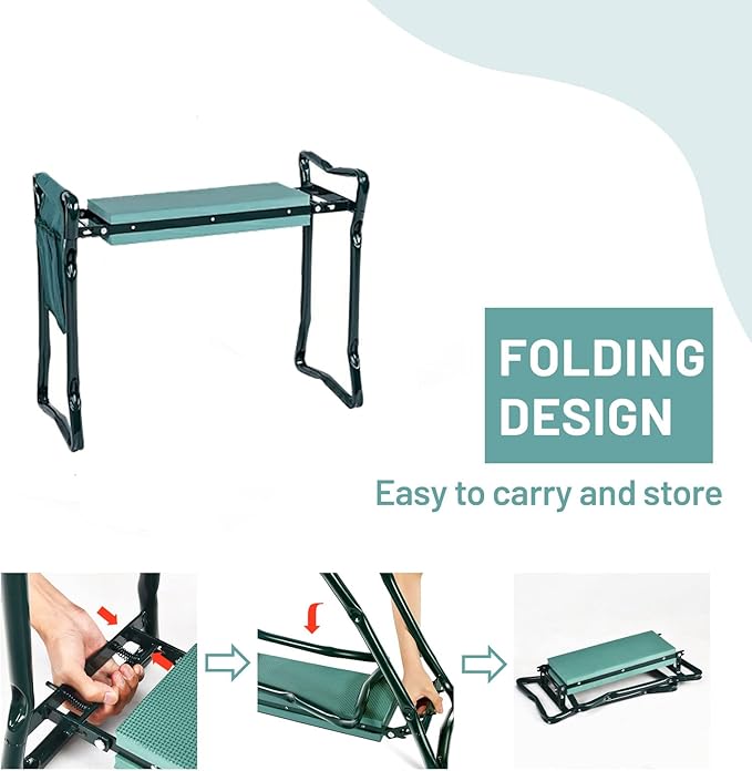 2-in-1 Garden Kneeler & Seat, Folding Seat w/EVA Foam Kneeling Pad & Removable Tools Pouch, Sturdy Steel Frame, No Assembly, Portable Heavy Duty Garden Stool for Women & Men