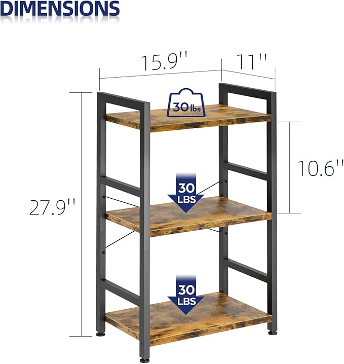 NUMENN 3 Tier Slim Bookshelf, Bookcase Shelf Storage Organizer, Modern Book Shelf for Bedroom, Living Room and Home Office, Vintage