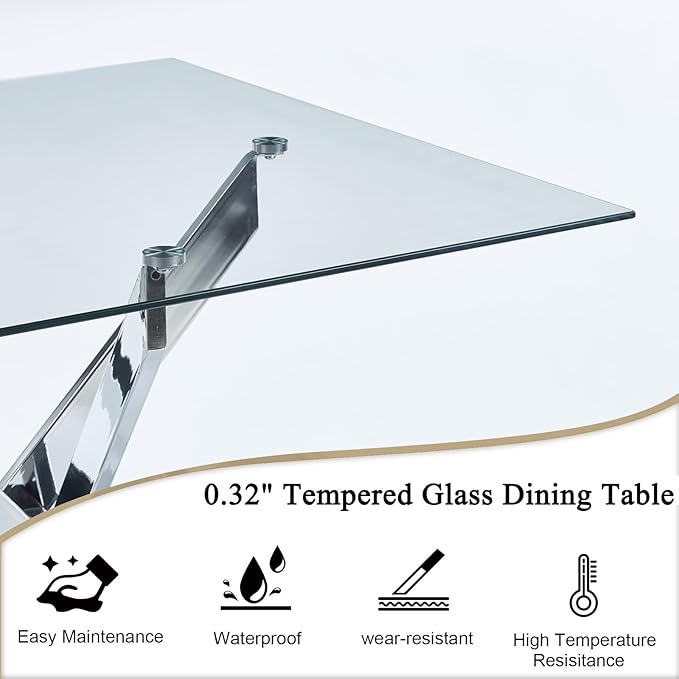 36" Square Dining Table for 4, Modern Clear Glass Kitchen Table for 4 with Silver X Metal Legs, Contemporary Small Glass Dining Room Leisure Tables for Kitchen Apartment