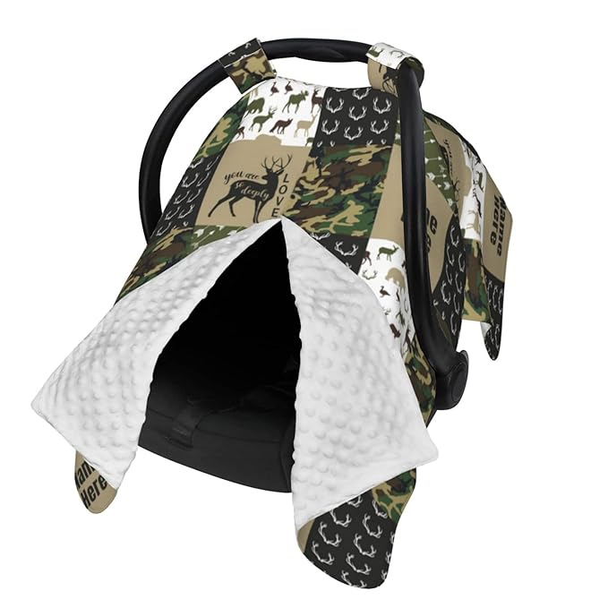 Personalized Woodland Moose and Bear Baby Car Seat Canopy for Babies with Name, Customized Stroller Car Seat Covers for Girls Boys, Minky Nursing Carseat Cover for Breastfeeding, Newborn, Infant