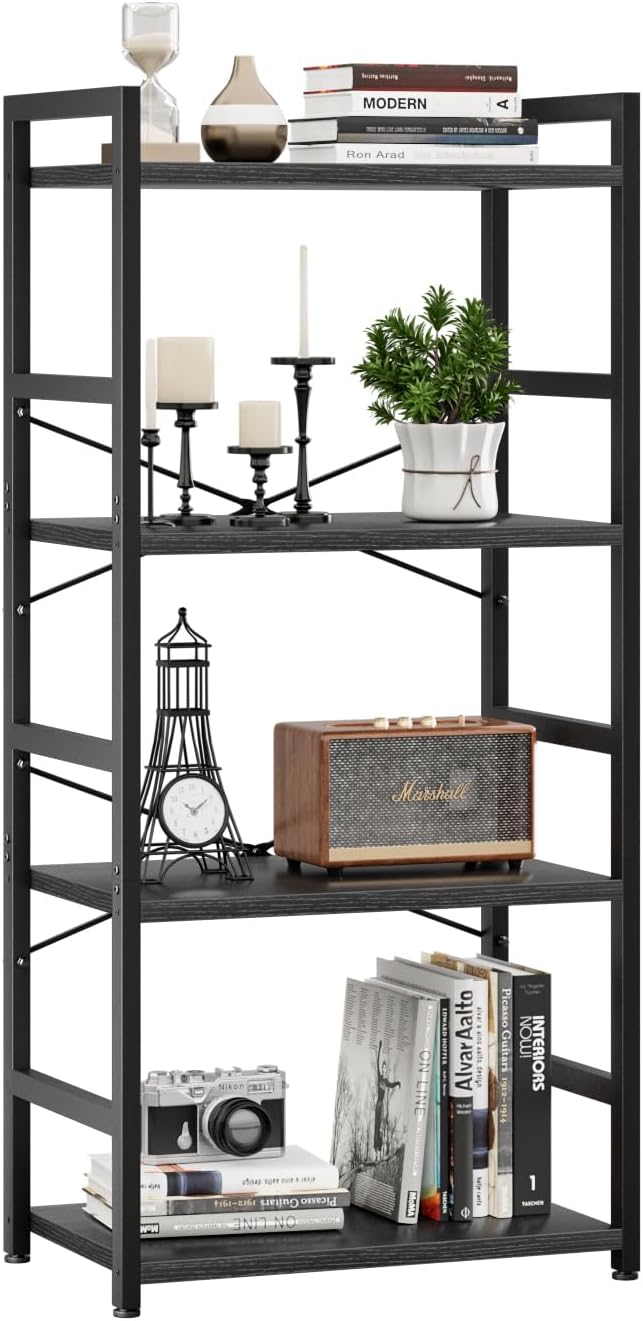 NUMENN 4 Tier Small Bookshelf, Industrial Bookcase Shelf Storage Organizer, Modern Book Shelf for Bedroom, Living Room and Home Office, Black