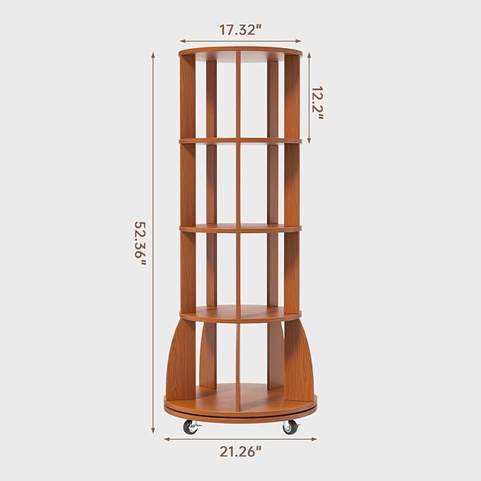 4 Tier Rotating Bookshelf with Brake Wheels, 360° Spinning Bookcase, Vertical Floor Standing Revolving Bookshelf Organizer for Small Spaces, Corner, Living Room, Bedroom, Rustic Brown