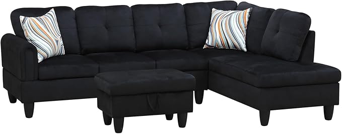 Couches for Living Room Modern L Shaped Couch Comfy Flannel Fabric 3 Pieces Sectional Sofa with Chaise, Ottoman with Storage for Office and Small Apartment, Black