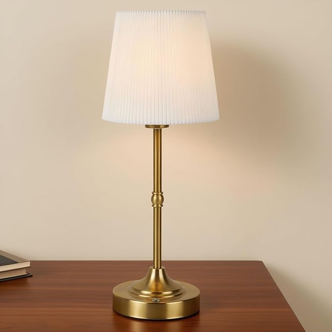 Cordless Table Lamp Rechargeable, 5200mAh High Capacity Battery Powered, Touch Dimmable Gold Lamp for Nightstand,Bedside,Kitchen,Living Room 15.8" (Fabric Lampshade)