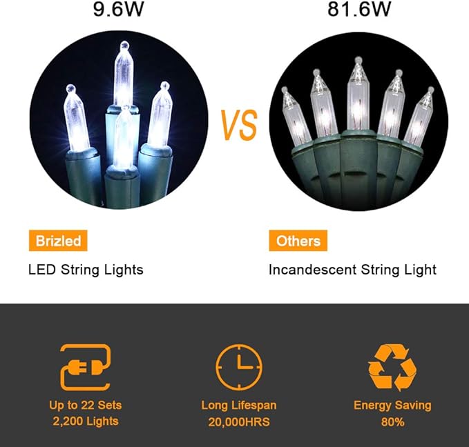 Brizled Christmas Tree Lights, 2 Pack 33ft 100 LED Christmas Lights, 120V UL Certified Connectable Xmas Light Indoor Outdoor, Clear Mini Light for Xmas, Tree, Home, Holiday, Green Wire, Bright White