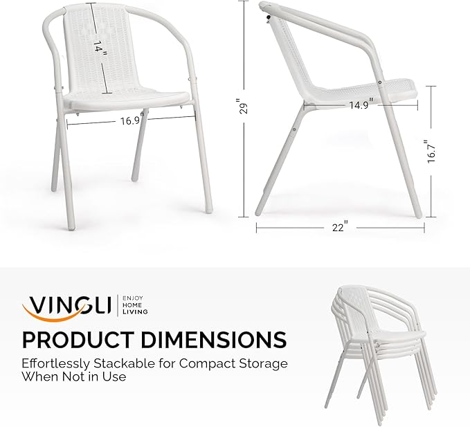 VINGLI PE Rattan Outdoor Dining Chairs Set of 4, Plastic Stackable Patio Chairs for Indoor, Porch, Restaurant, Garden, White