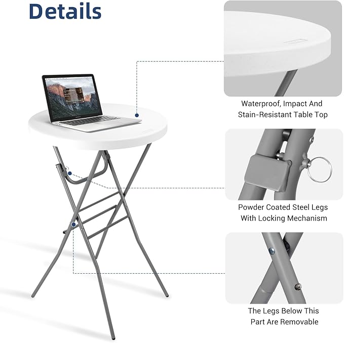 Cocktail Table 28in Folding Round High Top Indoor Outdoor with Removable Legs, Tall Bistro Foldable Bar Height Table for Parties, Patio, Backyard, Dining, Wedding, White- 2PCS