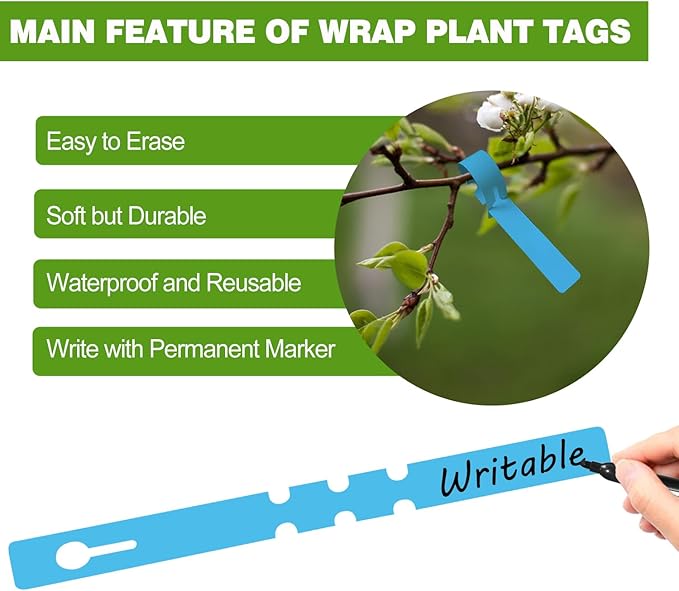 Plant Labels 200 Pcs Yuanling Plastic Plant Tree Tags Wrap Around Hanging Tags Nursery Tree Markers Adjustable Garden Labels for Indoor Outdoor Gardening Plants (Blue with 1 Marker Pen)
