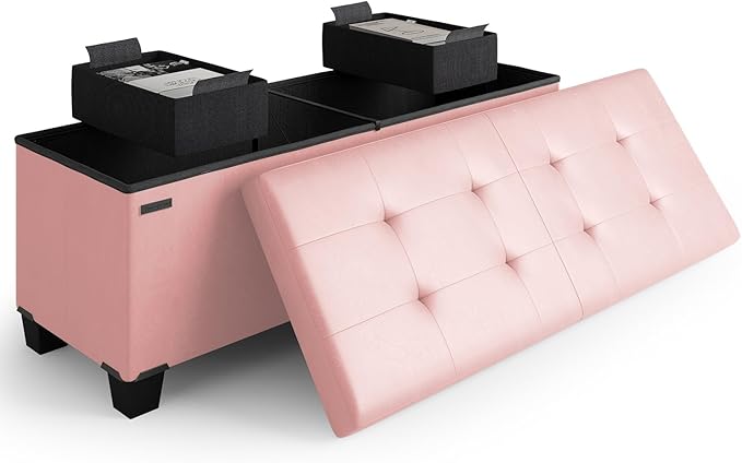 STORAGEBUD Storage Ottoman Bench with Bins, 43-in Storage Bench for Bedroom End of Bed, Folding Foot Rest Ottoman for Living Room Max 660lbs, Faux Leather Ottomans, Pink