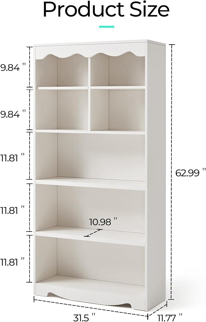 LINSY HOME 5-Shelf Bookcase Wooden, 63" Tall Bookshelf with Storage, Open Floor Standing Cube Shelf Bookcase Libreros, Beige Modern Book Shelf for Bedroom, Living Room, White Oak