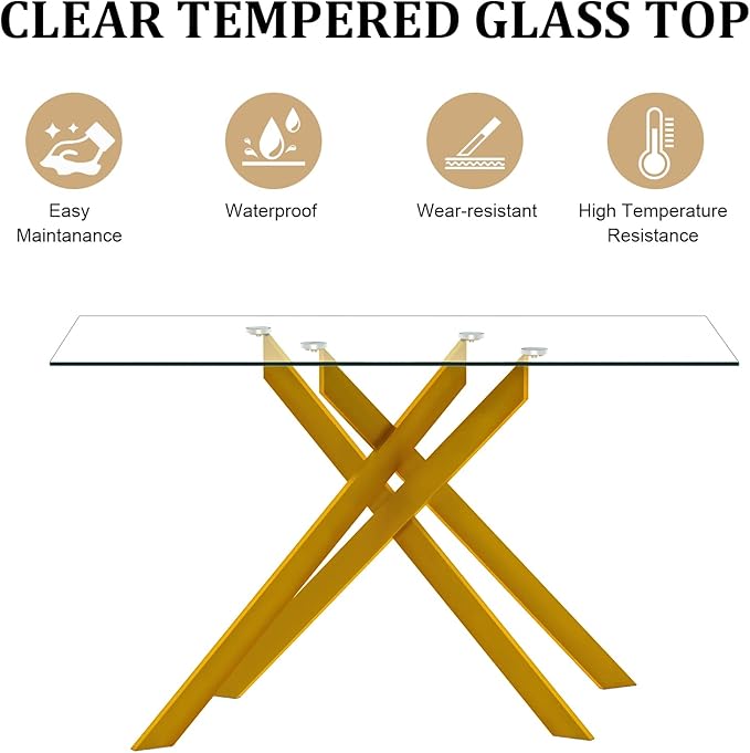 51.2" Glass Dining Table, Modern Kitchen Table for 4-6 People, Contemporary Rectangular Dining Room Dinner Tables with Clear Glass Top & Gold Metal X Legs for Kitchen Apartment