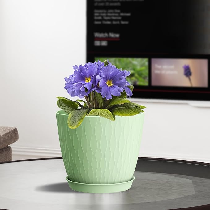 6 Inch Plant Pots, 6 Pack Flower Pots for Indoor and Outdoor Use, Planters with Drainage Holes and Saucers, Green