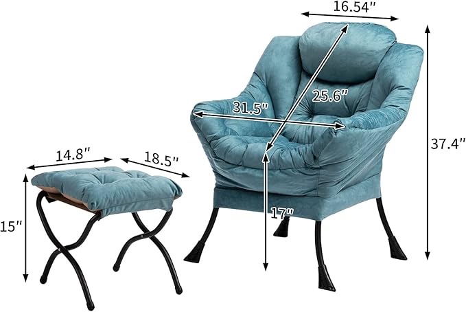 HollyHOME Fabric Lazy Chair with Foldable Ottoman, Accent Comfy Lounge Arm Chair and Folding Footrest Stool Set, Leisure Sofa Reading Chair and Footstool for Living Room, Bedroom, Dorm, Blue
