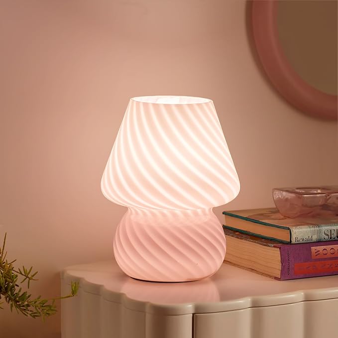 ONEWISH Mushroom Lamp-Small Bedside Table Lamp with Striped Glass, Nightstand Lamp for Bedroom, Living Room, Cafe, Bulb Included, Home Decor for Girls Women, Pink