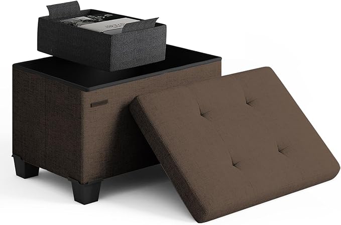 STORAGEBUD Storage Ottoman Cube with Small Bin, 16-in Square Ottoman with Storage for Living Room and Bedroom, Small Ottomans Foot Rest, Fabric Foot Stools Ottomans Max 330lbs, Brown