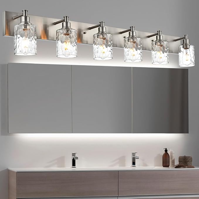 BONLICHT Vanity Light Fixture Brushed Nickel 6-Light Modern Farmhouse Wall Sconce Bathroom Lighting with Hammered Glass Industrial Wall Mount Lights for Kitchen Dining Room Cabinet Corridor