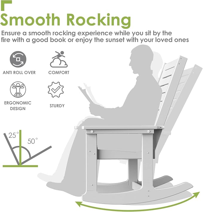 GREENVINES Outdoor Rocking Chairs | Set of 2 | Porch Rocker | HDPE Plastic | White | Oversized Rockers | High Back | Big & Tall | Ladder Back | for Patio Outside Backyard Balcony Garden
