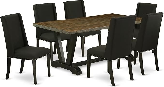 East West Furniture V677FL624-7 7 Piece Dinette Set Consist of a Rectangle Dining Room Table with V-Legs and 6 Black Linen Fabric Upholstered Parson Chairs, 40x72 Inch, Multi-Color