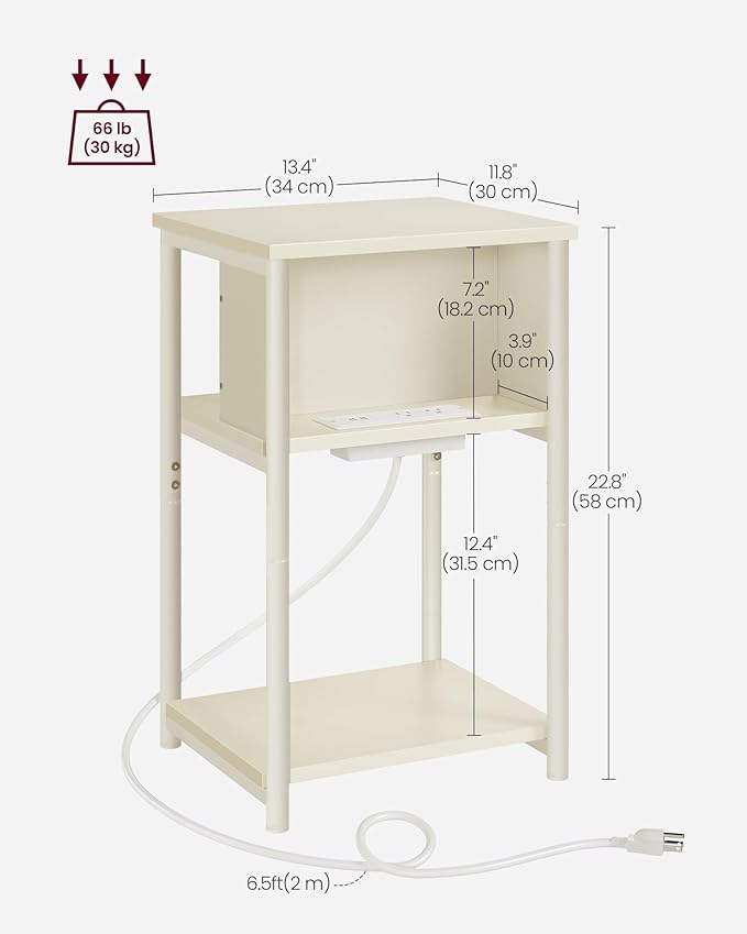 VASAGLE Side Table with Charging Station, 3-Tier End Table with USB Ports and Outlets, Nightstand for Living Room, Bedroom, 11.8 x 13.4 x 22.8 Inches, Plug-in Series, Cream White