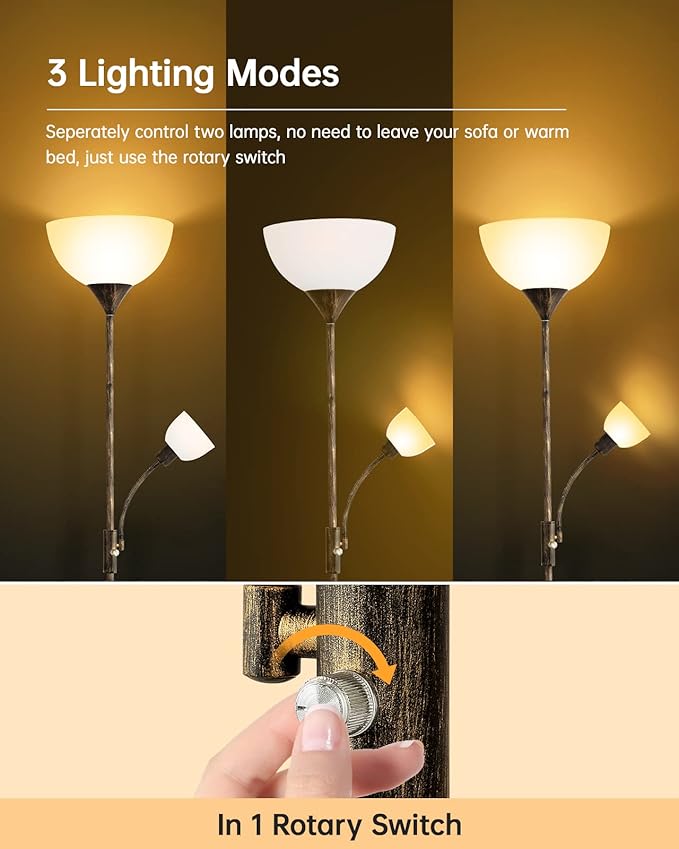 BoostArea Floor Lamps for Living Room, Standing Lamp, 71" Torchiere Floor Lamp with Reading Lamp, 3 Way Switch, Corner Floor Lamps for Living Room/Bedroom, Rustic Bronze Floor Lamp(E26 Base, No Bulb)